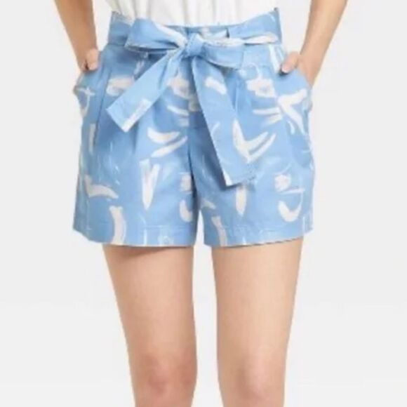 A New Day Light Blue White Abstract Brush stroke Dash Waist Bermuda Shorts - Picture 1 of 11